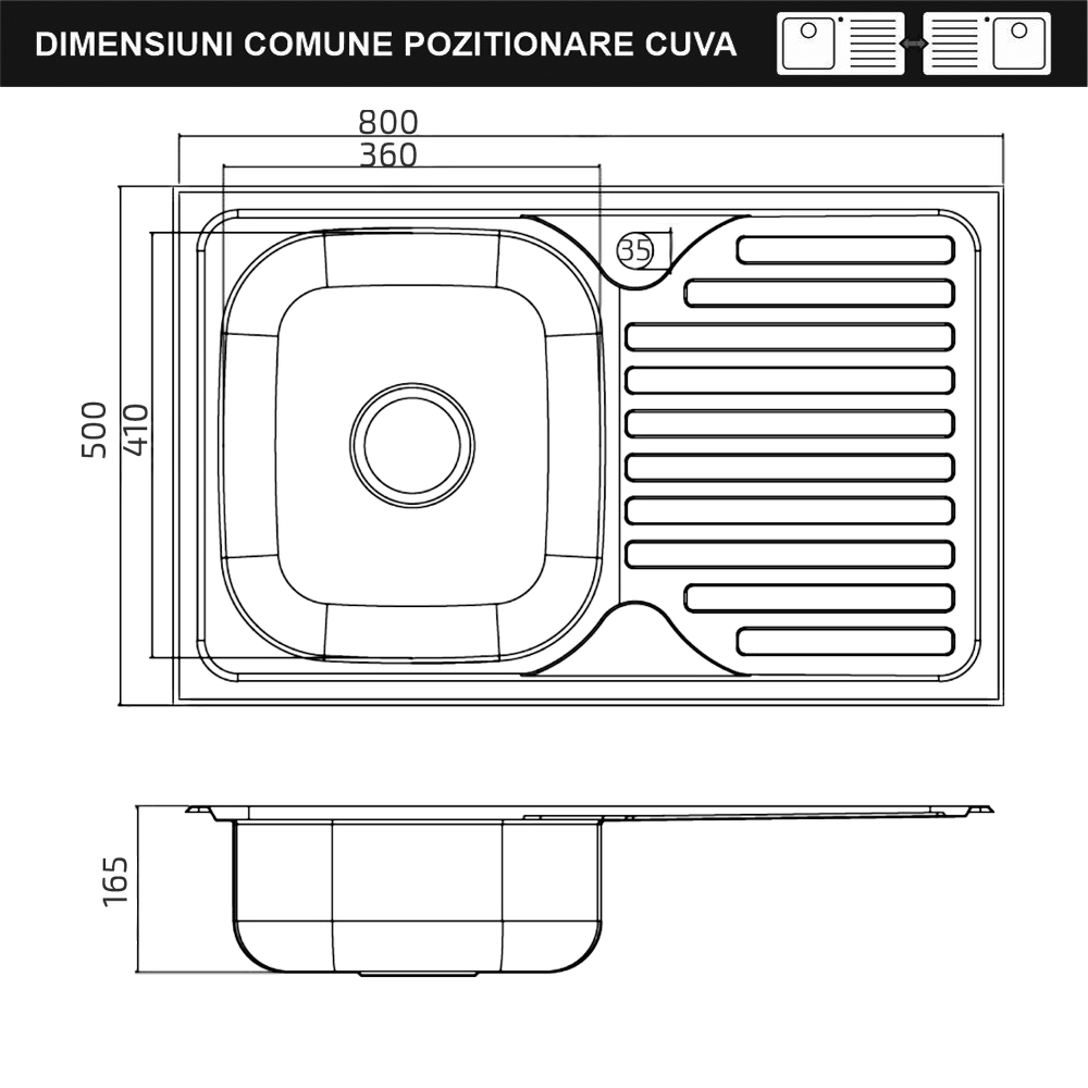 Chiuveta Inox 1001 MDM 80 x 50 mm 1C 1P dreapta Sanobi