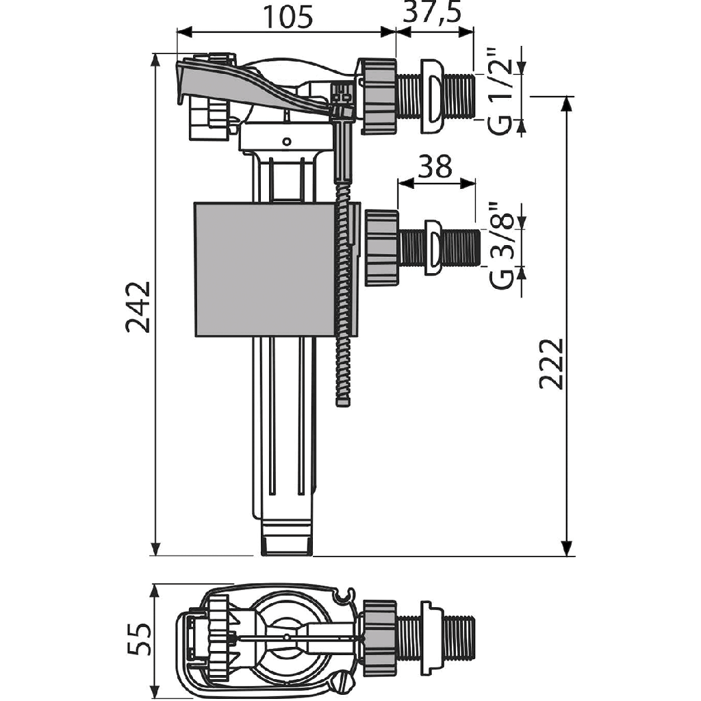Flotor/mecanism WC A150UNI cu plutitor plastic, alimentare laterală, universal