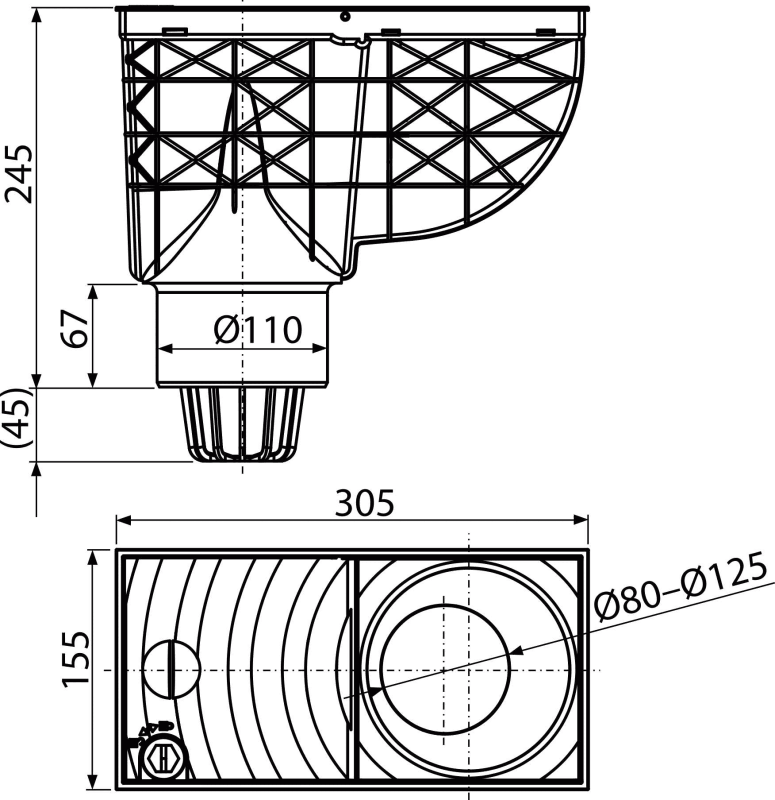 Racord de burlan AGV1S, 300×155/110 mm cu clapetă şi coş de colectare cu ieşire verticală, gri