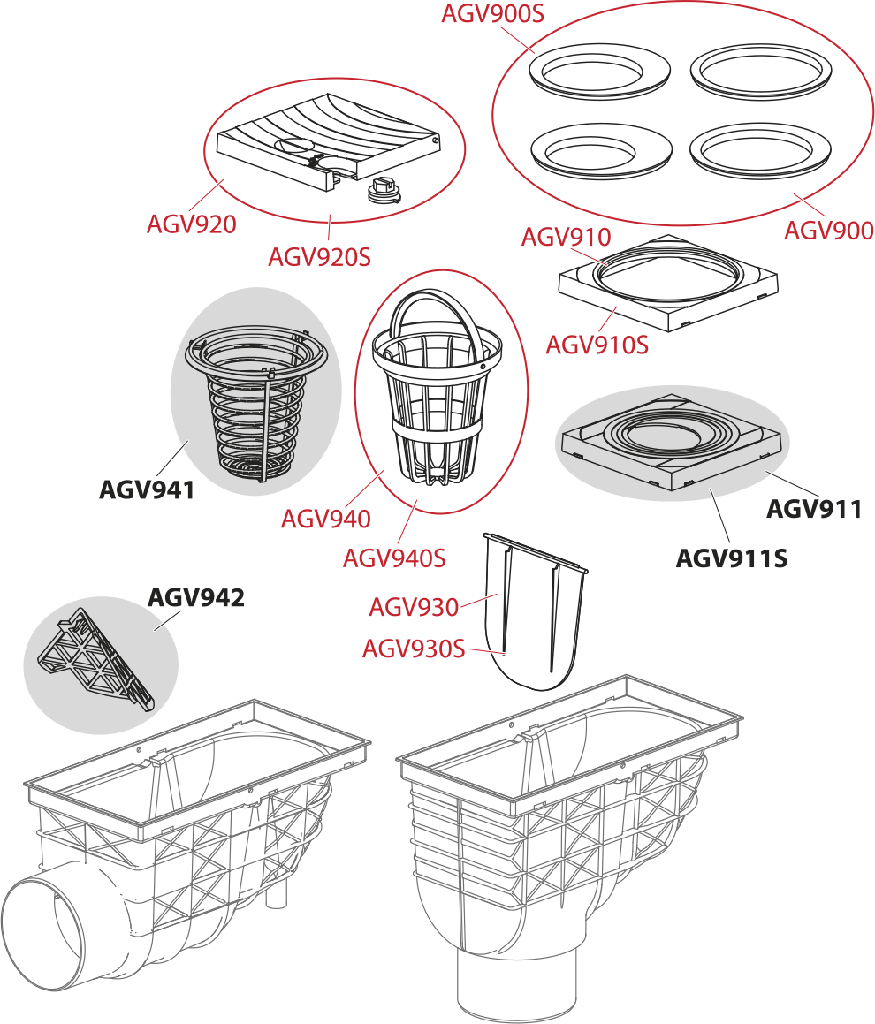 Racord de burlan AGV1S, 300×155/110 mm cu clapetă şi coş de colectare cu ieşire verticală, gri