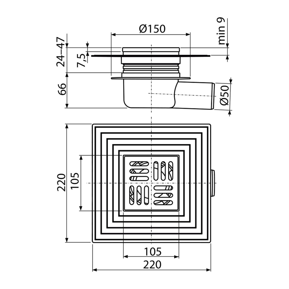 Sifon pardoseală 105×105/110 mm ieşire laterală, grătar din inox, izolaţie suplimentară, reţinere a mirosurilor uscat