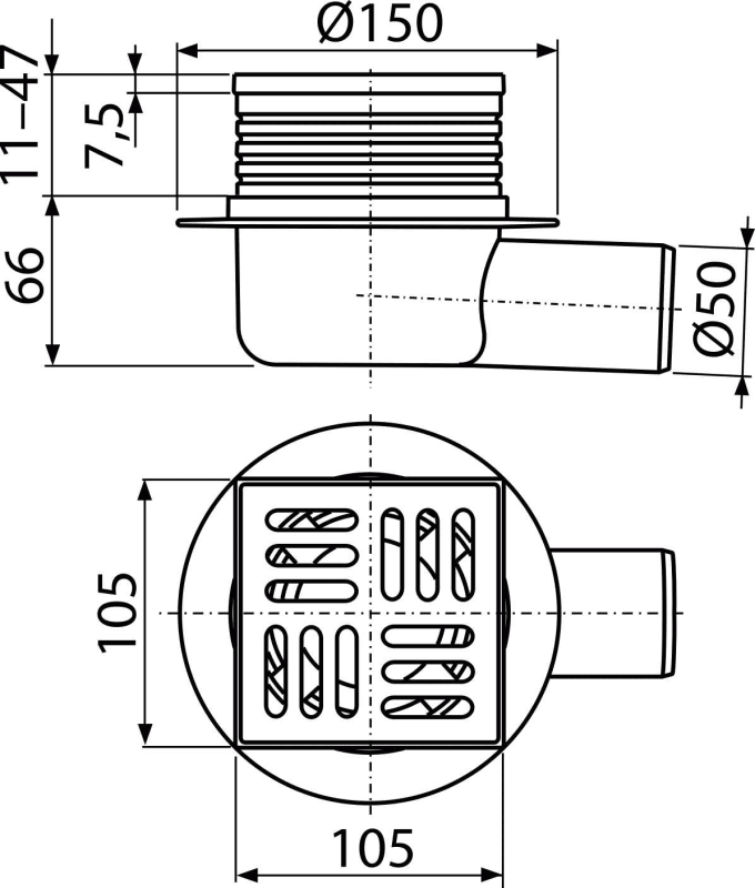 Sifon pardoseală 105×105/50 mm ieşire laterală, grătar din oţel inoxidabil, sistem de reţinere a mirosurilor umed