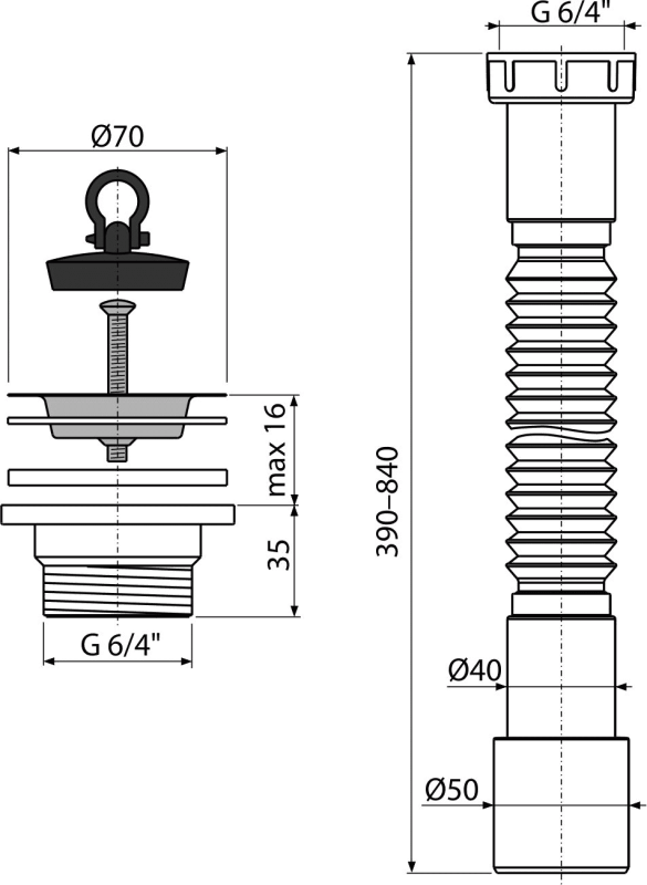 Ţeavă flexibilă 6/4"×40/50, cu piuliţa plastic + Ventil chiuvetă 6/4" cu sită din oţel inoxidabil DN70