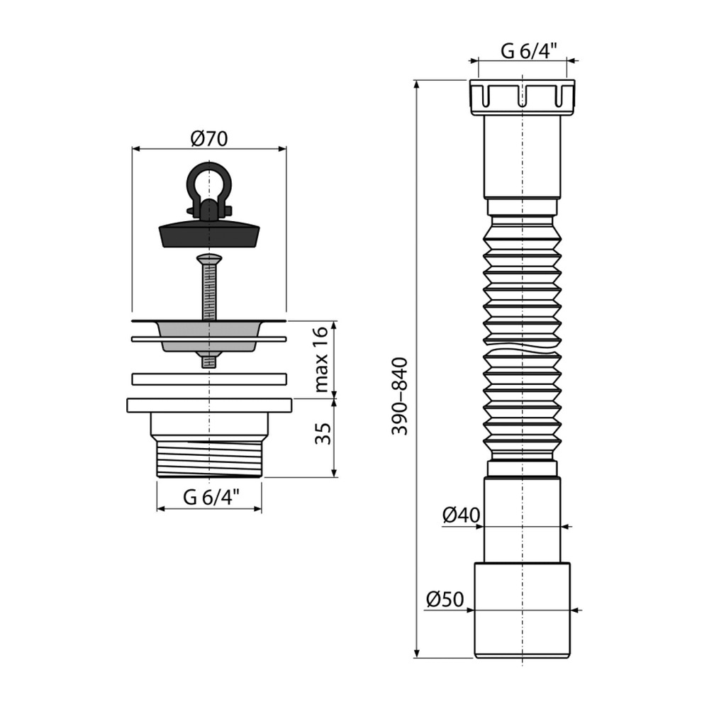 Ţeavă flexibilă 6/4"×40/50, cu piuliţa plastic + Ventil chiuvetă 6/4" cu sită din oţel inoxidabil DN70