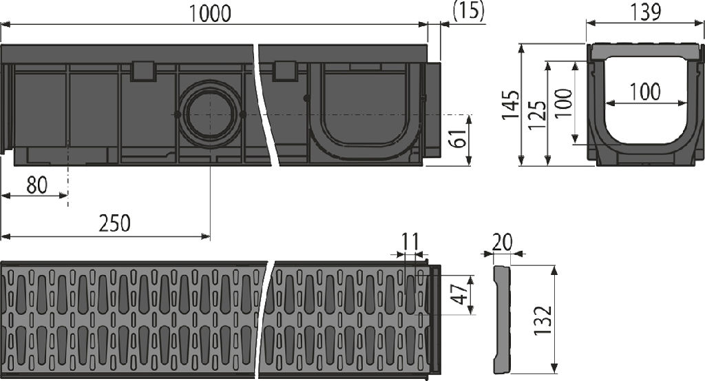 Rigolă de exterior 100 mm cu ramă din plastic și grătar din plastic, clasa A15