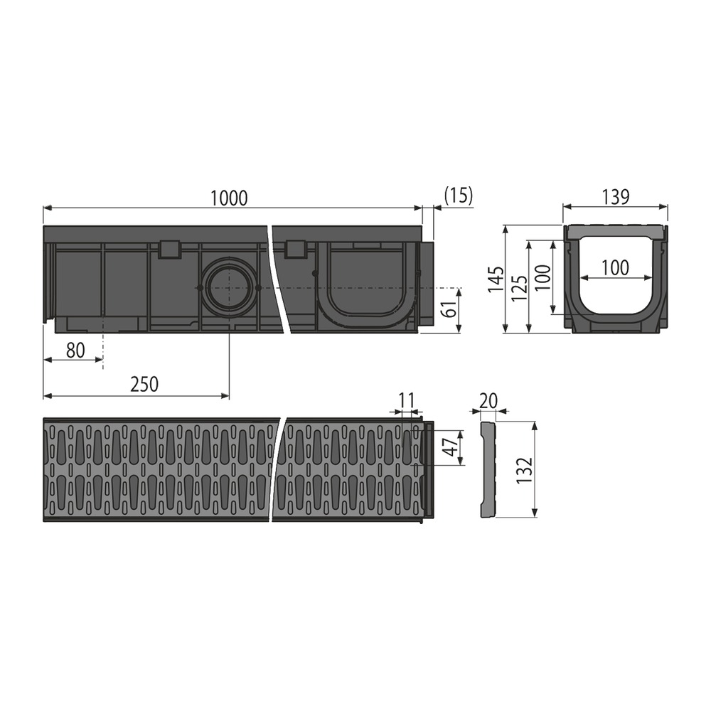 Rigolă de exterior 100 mm cu ramă din plastic și grătar din plastic, clasa A15