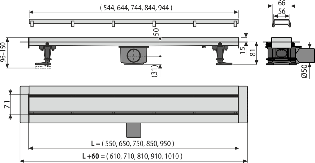 Rigolă/Canal de duș APZ13-DOUBLE9 cu grătar reversibil, oțel inoxidabil, 55 cm