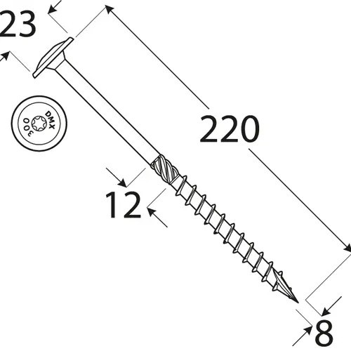 Șurub pentu lemn cap șaibă TX din oțel zn argintiu, 8x220 mm