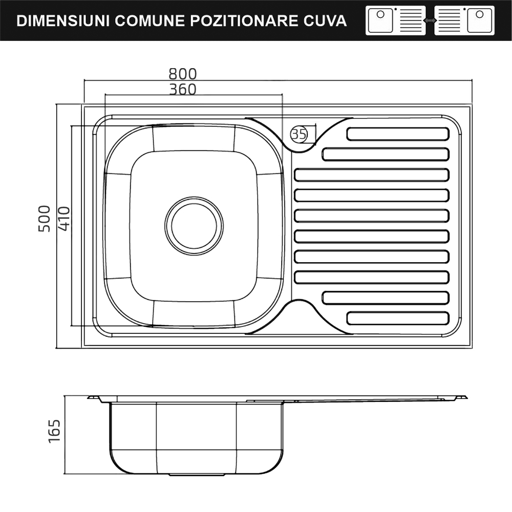 Chiuvetă bucătărie din inox cu o cuvă Sanobi 1101.MSL 800x500 mm, picurător pe stânga