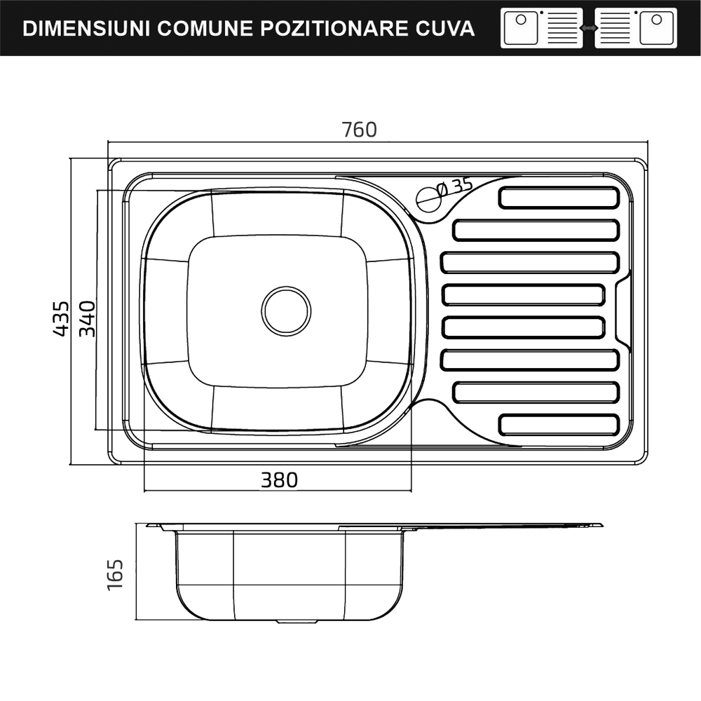 Chiuvetă bucătărie din inox cu o cuvă Sanobi 2001.BDM 760x435 mm, picurător pe dreapta