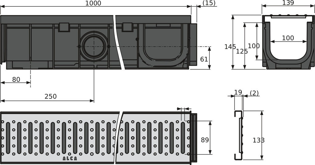 Rigolă de exterior de 100 mm cu rama din plastic integrată și grătar profil „C“ galvanizat, clasa A15