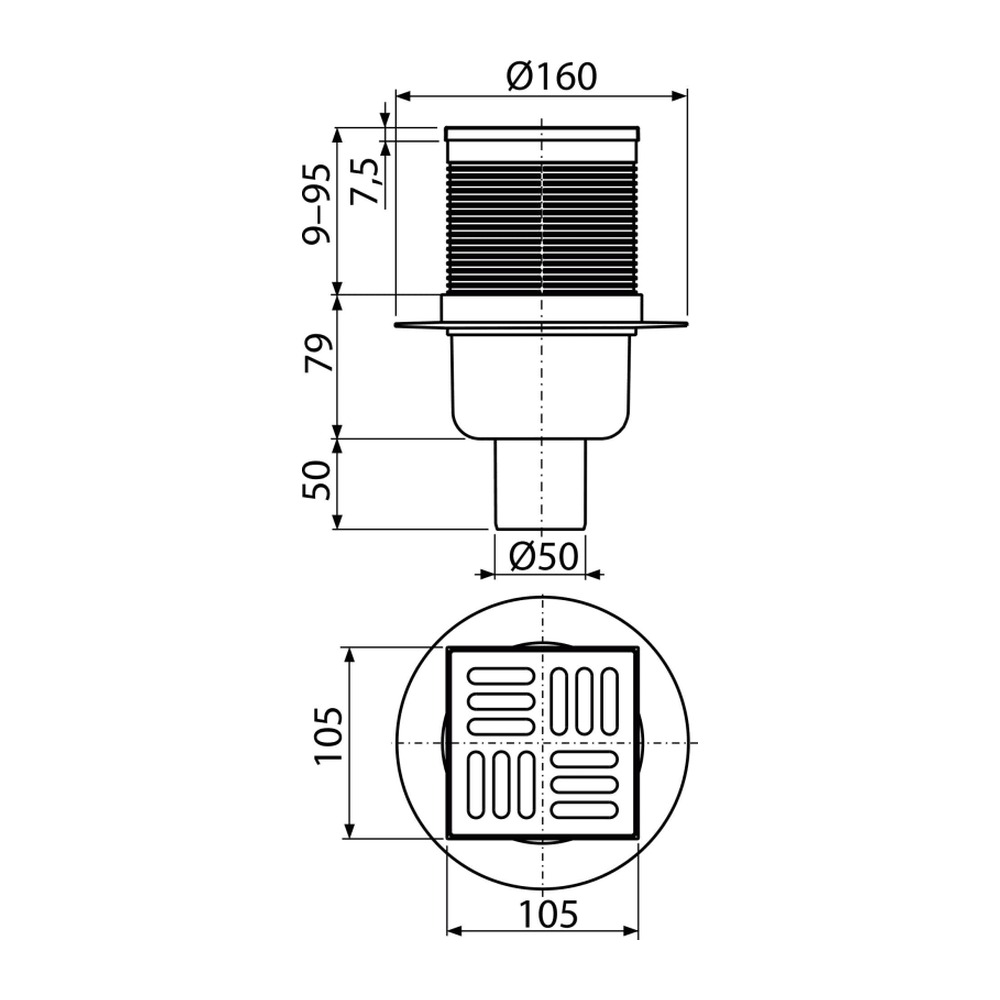 Sifon pardoseală 105×105/50 mm ieşire verticală APV2 grătar din oţel inoxidabil, sistem de reţinere a mirosurilor umed
