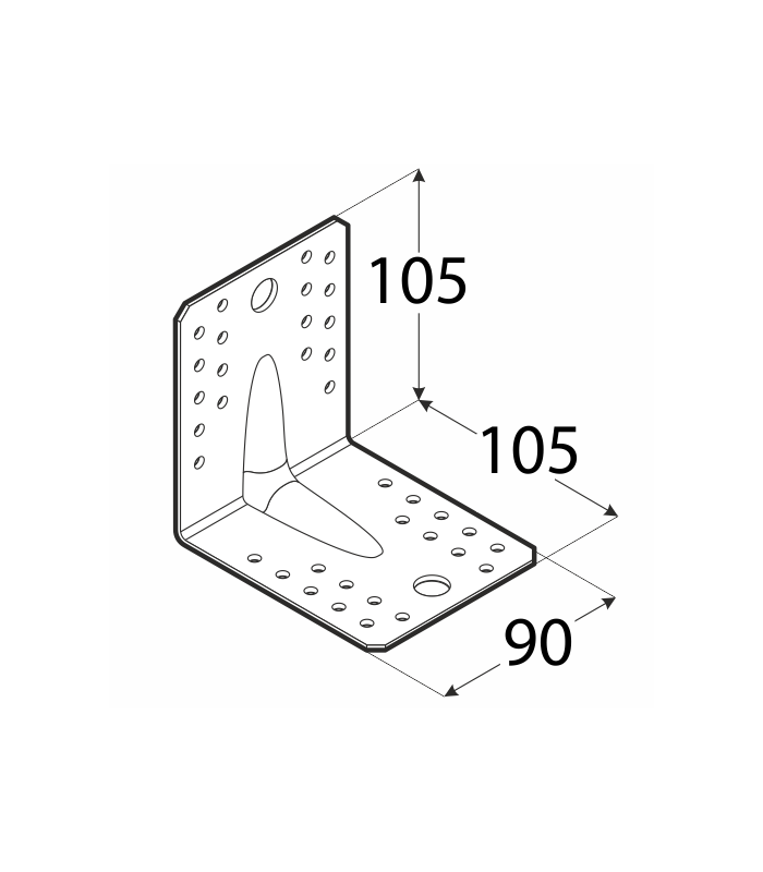 Colțar/vinclu metalic zincat rigidizat, îmbinare lemn 105x105x90x2,5 mm