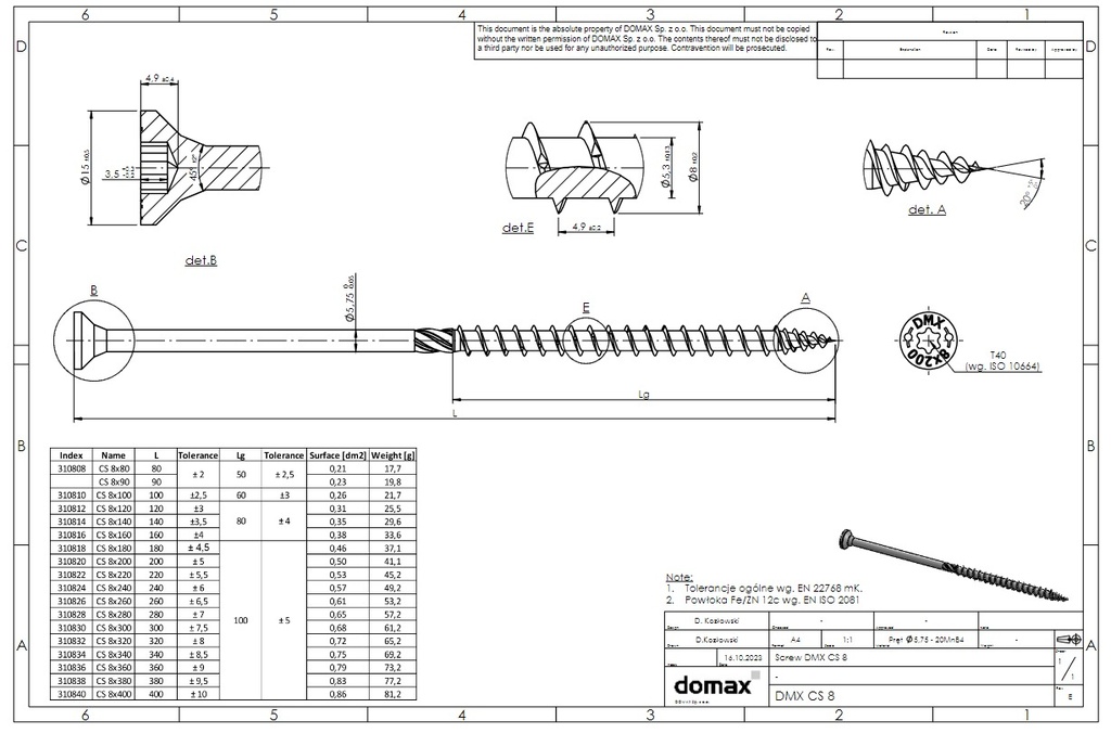 Holșurub de construcții cu cap înecat TX, 6x140 mm, 100 buc