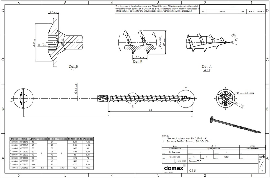 Holșuruburi autofiletante cu cap plat din oțel zincat, pentru construcții din lemn, 6x100 mm