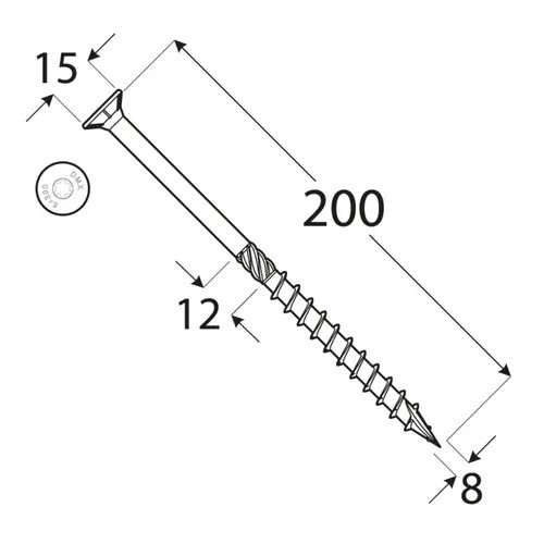 Holșurub de construcții cu cap înecat TX, 8x200 mm, 50 buc