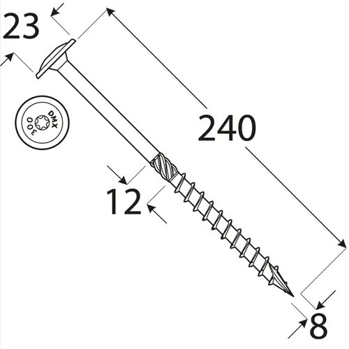 Holșurub de construcții cu cap plat TX, 8x240 mm, 50 buc