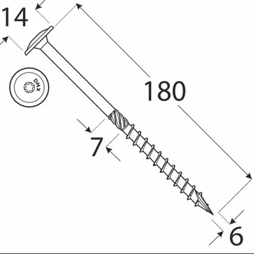 Holșurub de construcții cu cap plat TX, 6x180 mm, 100 buc