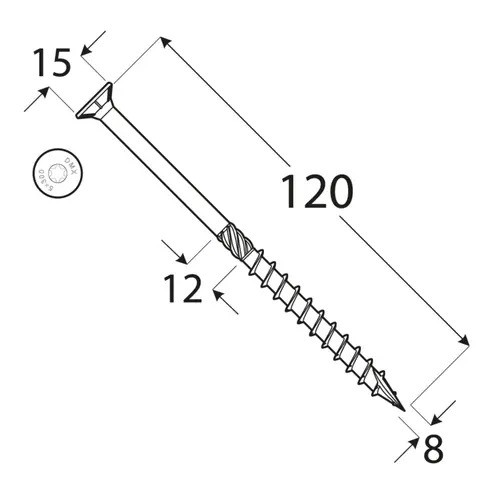 Holșurub de construcții cu cap înecat TX, 8x120 mm, 50 buc