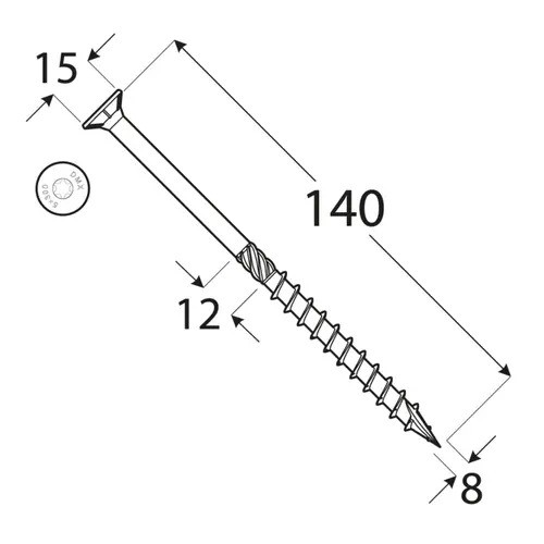 Holșurub de construcții cu cap înecat TX, 8x140 mm, 50 buc