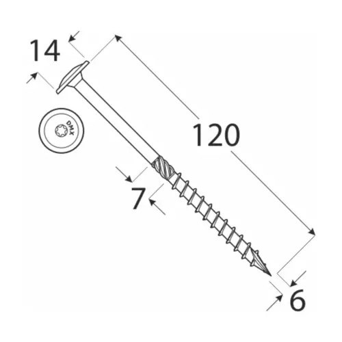 Holșurub de construcții cu cap plat TX, 6x120 mm, 100 buc