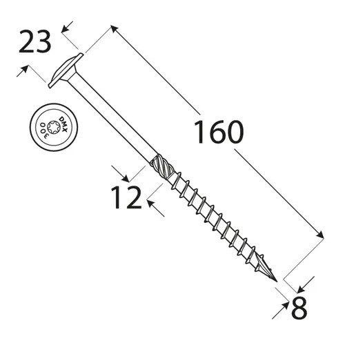 Holșurub de construcții cu cap plat TX, 8x160 mm, 50 buc