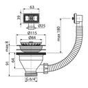 Ventil chiuvetă 6/4" cu sită A38 din oţel inoxidabil DN115 şi preaplin flexibil
