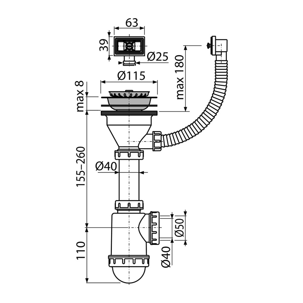 Sifon chiuvetă cu sită A447-DN50/40 din oţel inoxidabil DN115 şi preaplin flexibil