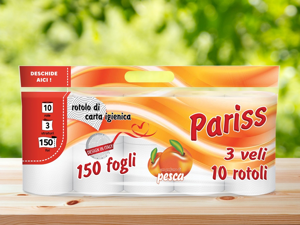 Hârtie igienică PARISS cu 3 straturi aromă piersică, 10 role/set