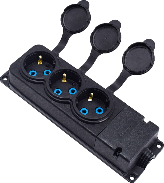 Triplu ștecher cauciucat negru cu 3 prize și împământare