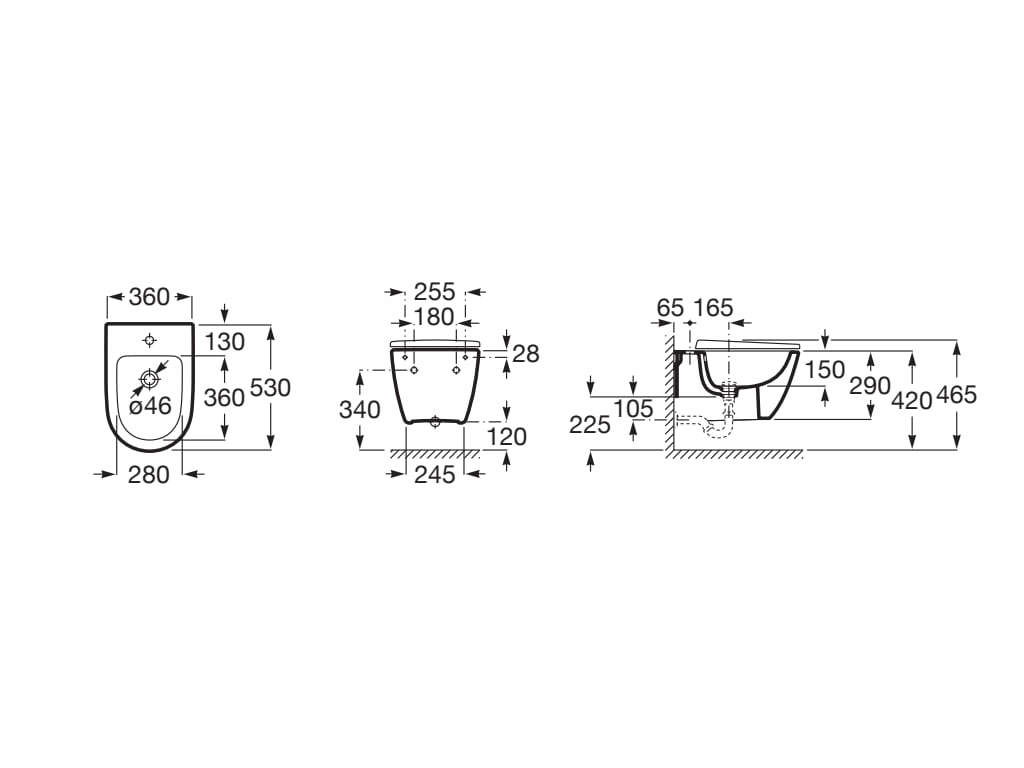 Bideu suspendat Ona din porțelan, prinderi ascunse, 360x530x290 mm