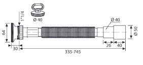 Racord flexibil-extensibil cu ieșire Ø40-50 și ventil cu grătar din inox 1”1/4 cu dop cu mâner 8056/V50