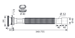 Racord flexibil-extensibil cu ieșire Ø32-40 și ventil cu grătar din inox 1”1/4 cu dop cu mâner