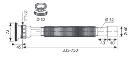 Racord flexibil-extensibil cu ieșire Ø32-40 și ventil cu grătar din inox 1”1/2 cu dop cu mâner