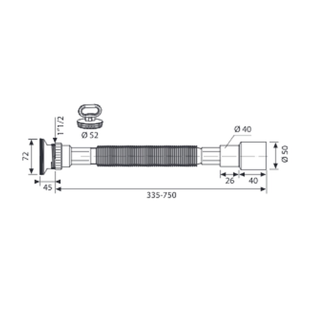 Racord flexibil-extensibil cu ieșire Ø40-50 și ventil cu grătar din inox 1”1/2 cu dop cu mâner 