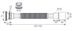 Racord flexibil-extensibil cu ieșire Ø40-50 și ventil cu grătar din inox 1”1/2 cu dop cu mâner 