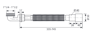 Racord flexibil-extensibil cu piuliță din plastic 1”1/2 și curbă la 90º, ieșire Ø40-50