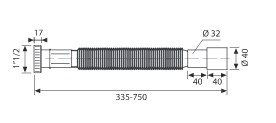 Racord flexibil-extensibil cu piuliță din plastic 1”1/2, ieșire Ø32-40