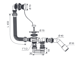 Sifon cadă cu preaplin, lanț și dop, lungime 550 - 650 mm, ieșire Ø40-50