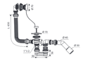 Sifon cadă cu preaplin, lanț și dop, lungime 550 - 650 mm, ieșire Ø40-50
