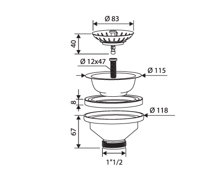 Ventil pentru chiuvetă 3”1/2 x 1”1/2 cu grătar din inox, fără preaplin