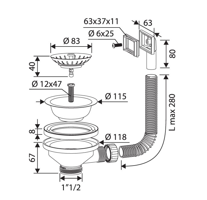 Ventil pentru chiuvetă 3”1/2 x 1”1/2 cu grătar din inox, preaplin dreptunghiular, racord flexibil