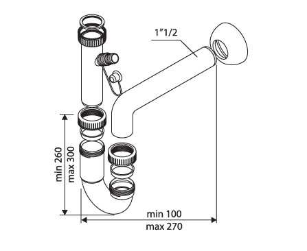 Sifon “U” pentru chiuvetă 1”1/2 cu racord pentru mașina de spălat, fără ventil, ieșire Ø40