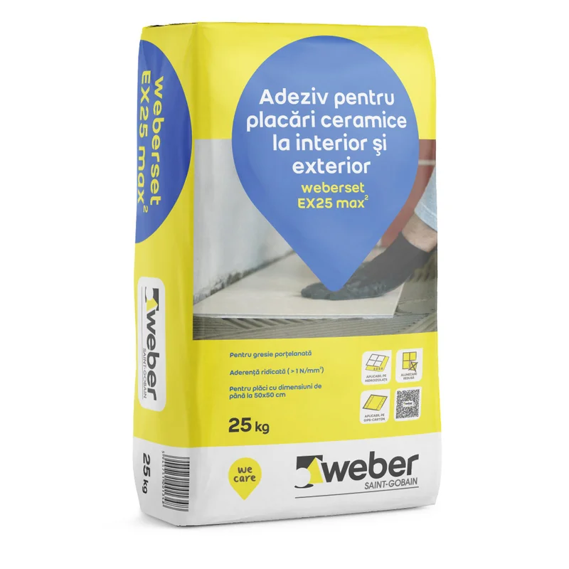 Adeziv Weberset EX25 max2 pentru placări ceramice, interior/exterior, 25 kg