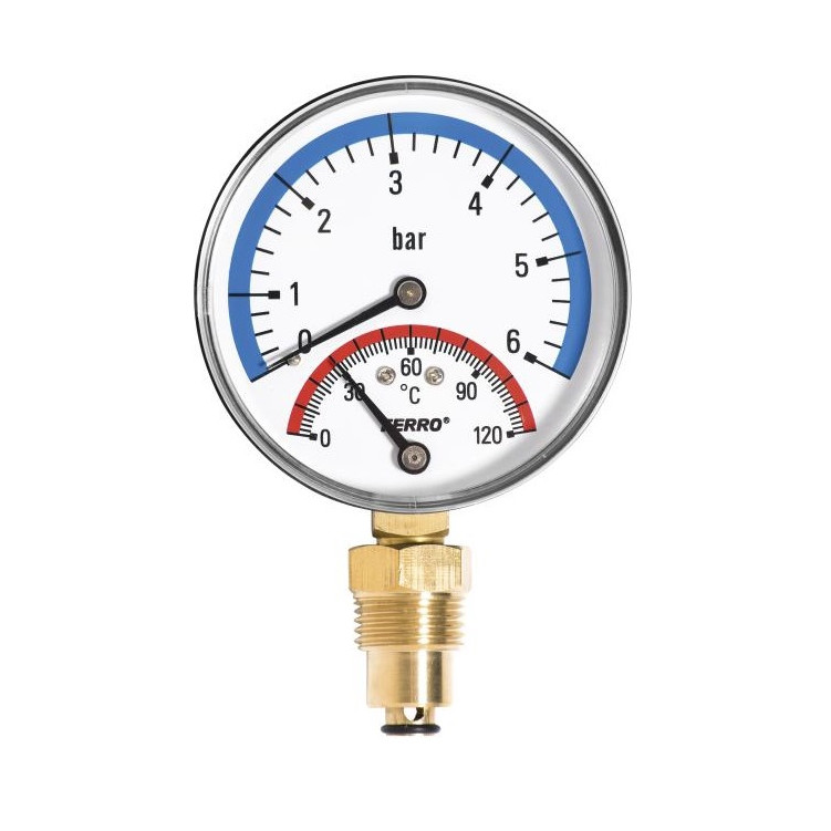 Termomanometru radial Ferro, D 80 mm, 1/2", 0-6 bar, 0-120 grade C, 0,238kg