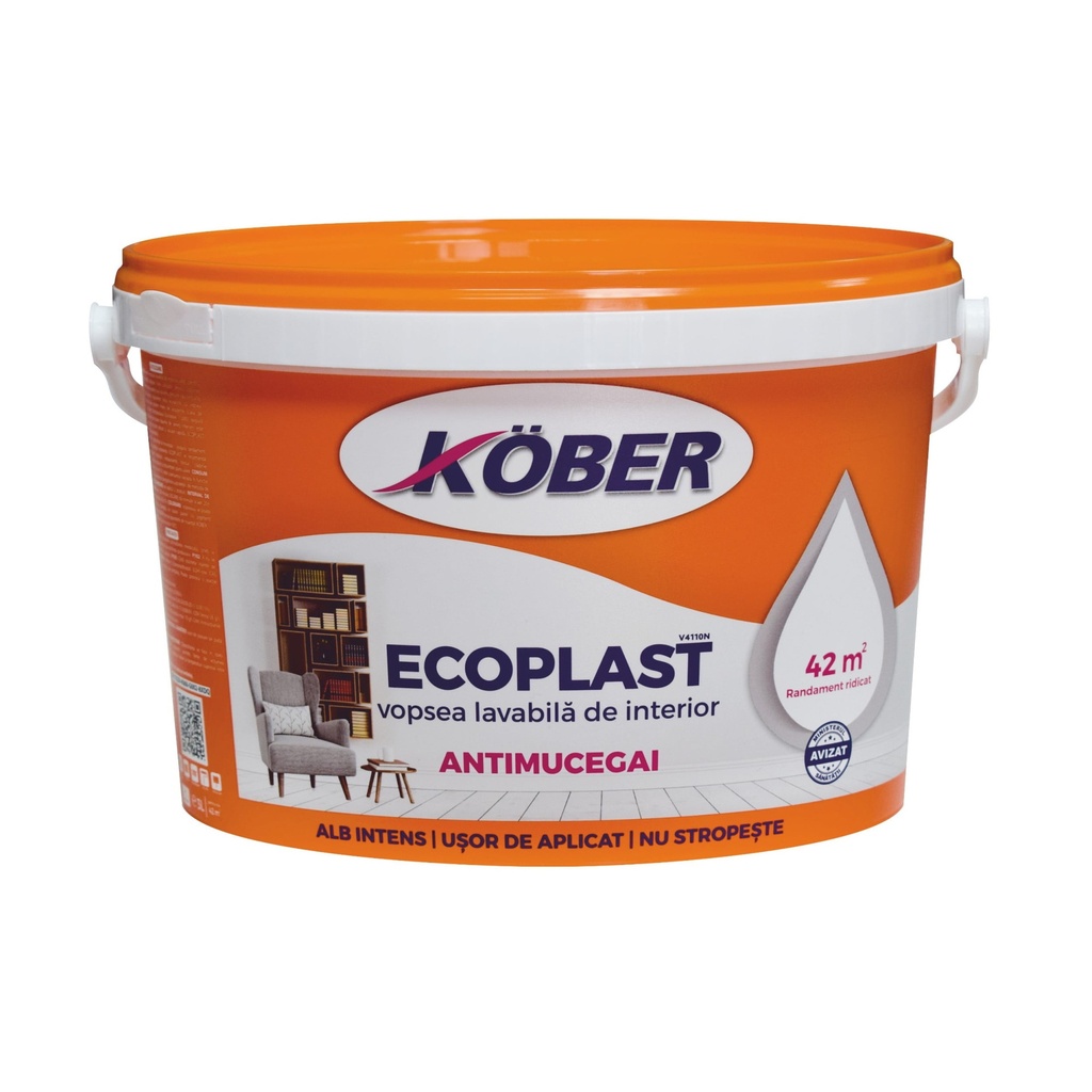 Vopsea lavabilă Kober Ecoplast albă intens-mat pentru interior antimucegai, 3 l