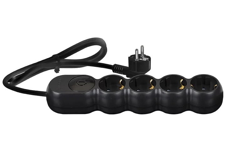 Prelungitor electric negru 3680W, 3x1.5 mm² cu 6 prize + întrerupător, 1.5 ml