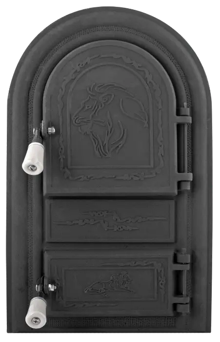 Ușă șemineu fontă cu cenușar decor Leo, 555x345 mm