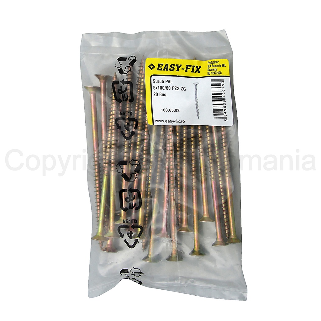 Surub pentru PAL si lemn cap inecat 5,0x100/60 PZ2 - zn- 20 buc