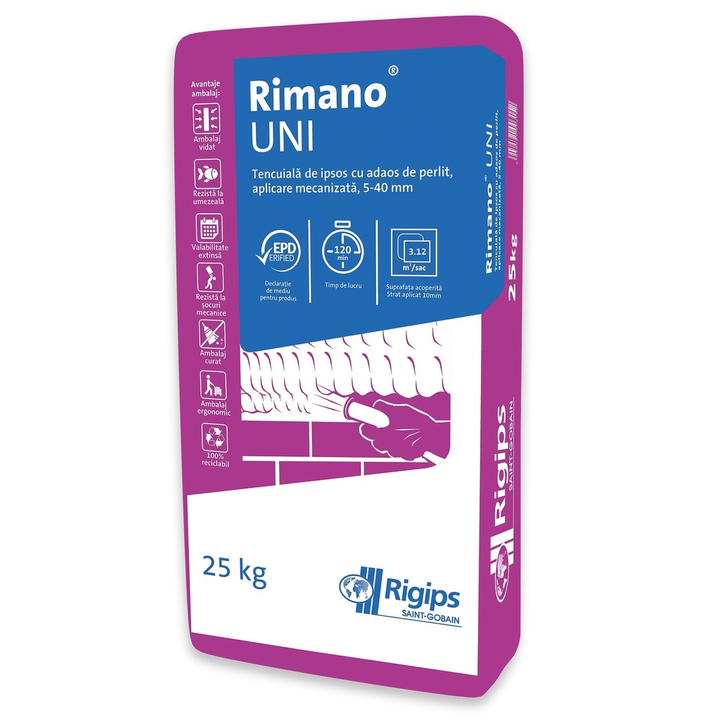 Tencuiala de ipsos, aplicare mecanizata Rigips Rimano® Uni, interior, 25 kg/sac